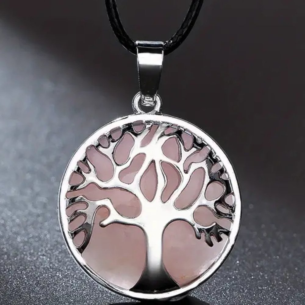 Rose Quartz Natural Gemstone Tree Of Life Round Pendant Gemstone Necklace